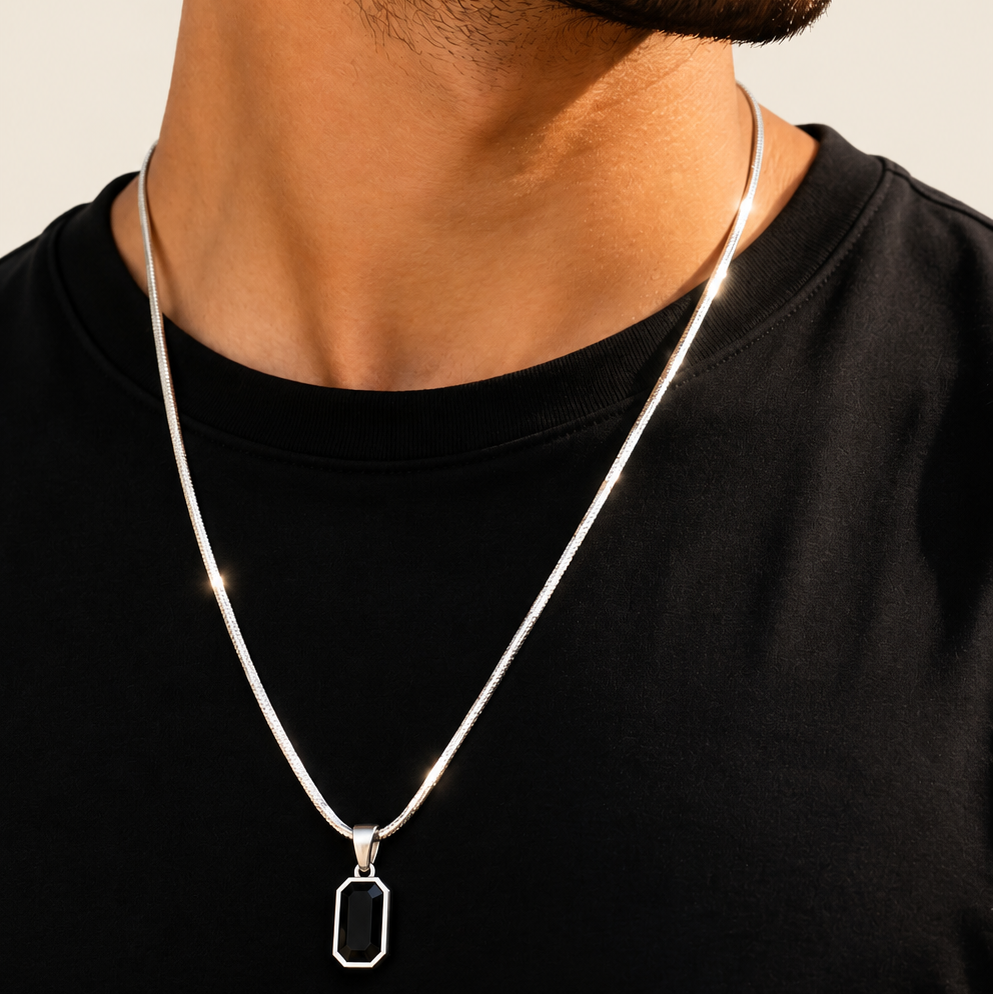 Men’s Silver Black Stone Necklace